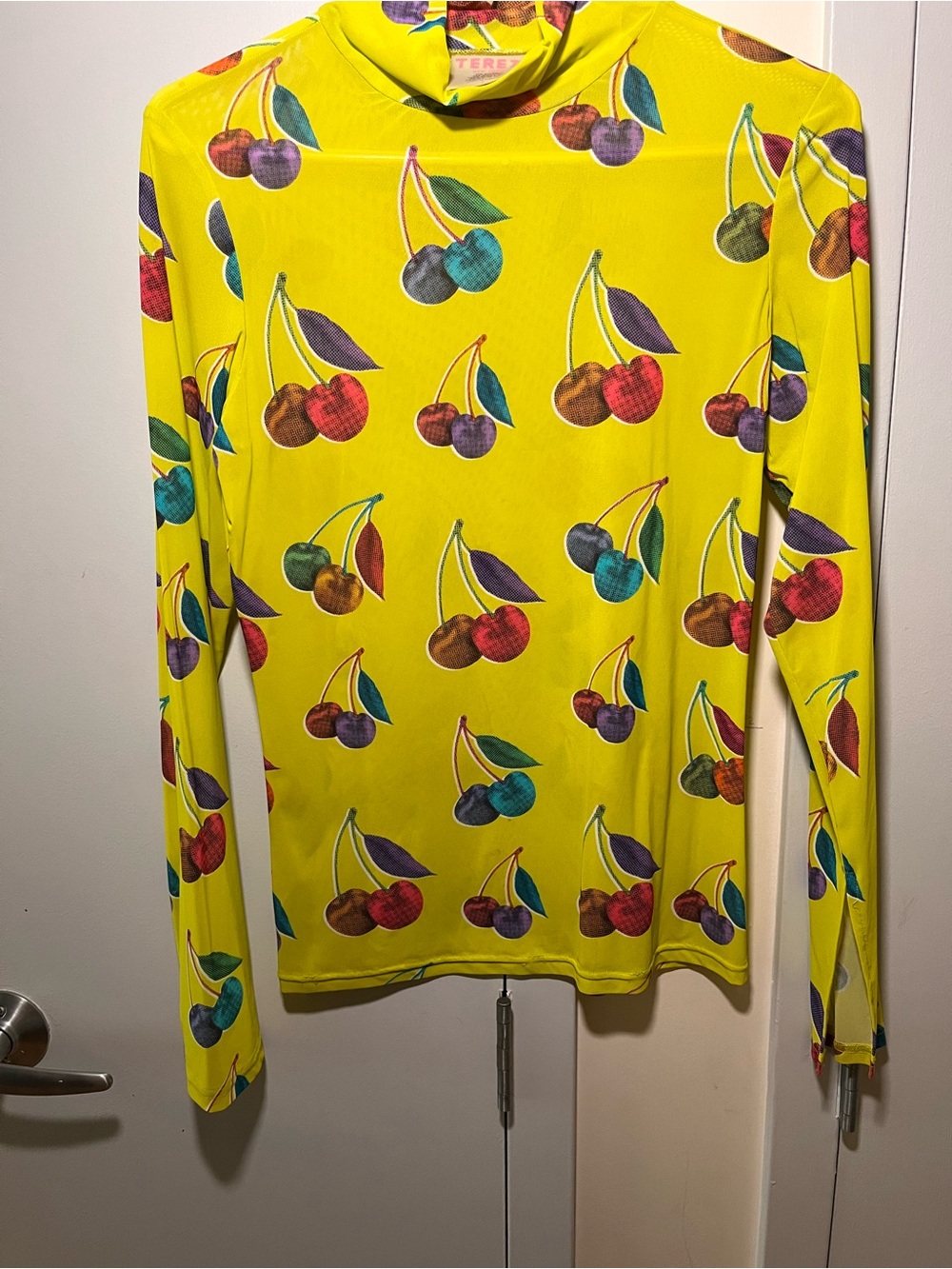 Terez Mesh Cherry Print Long Sleeve Top sz L
